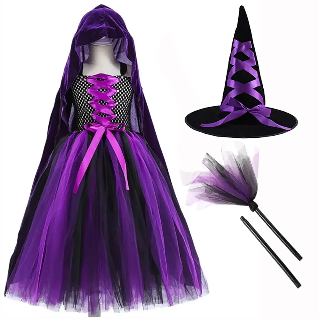 2024 Halloween Carnival Cosplay Witch Fancy Tricolor Costume Children Infant Adult Child Dress Witch Accessories Hat Broom Set