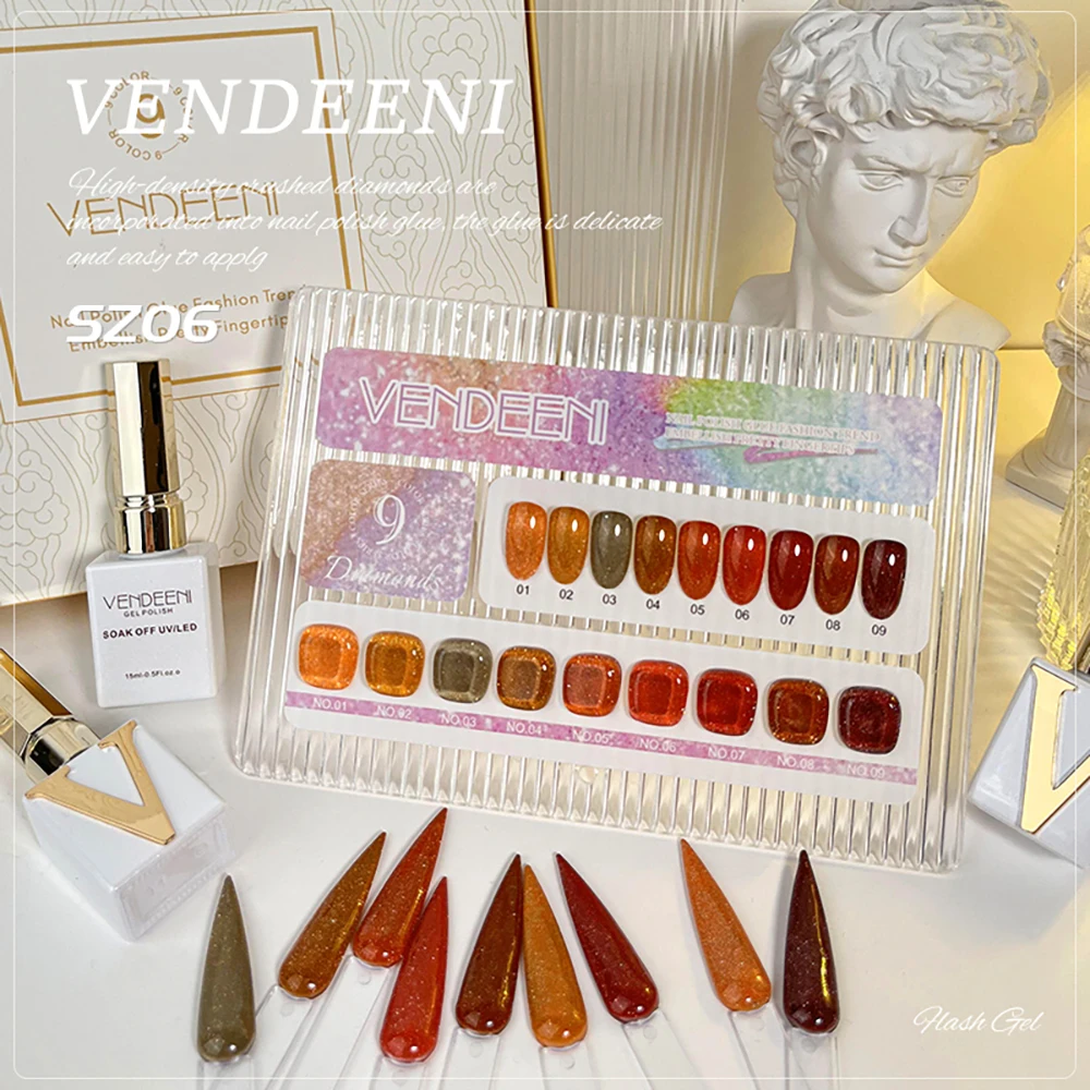 Vendeeni TPO FREE 9 Farben/Set Orange Glitzer Gebrochener Diamant Gel-Nagellack Herbst-Ahornblatt UV-LED-Gel-Lack mit Display – Detail 8