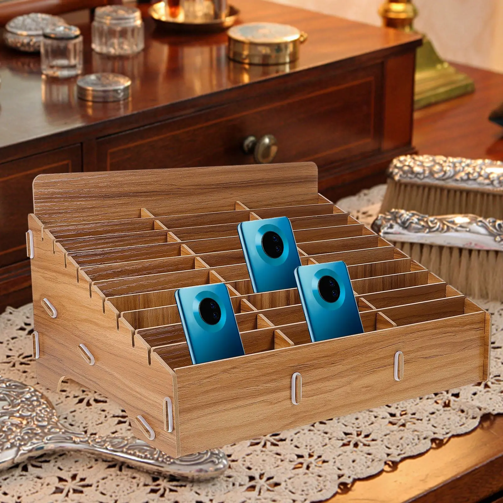 Wooden 30-Grid Cell Phone Storage Box Desktop sundries Sorting Basket Mobile Phone Holder Multi-Functional Organizer office tool