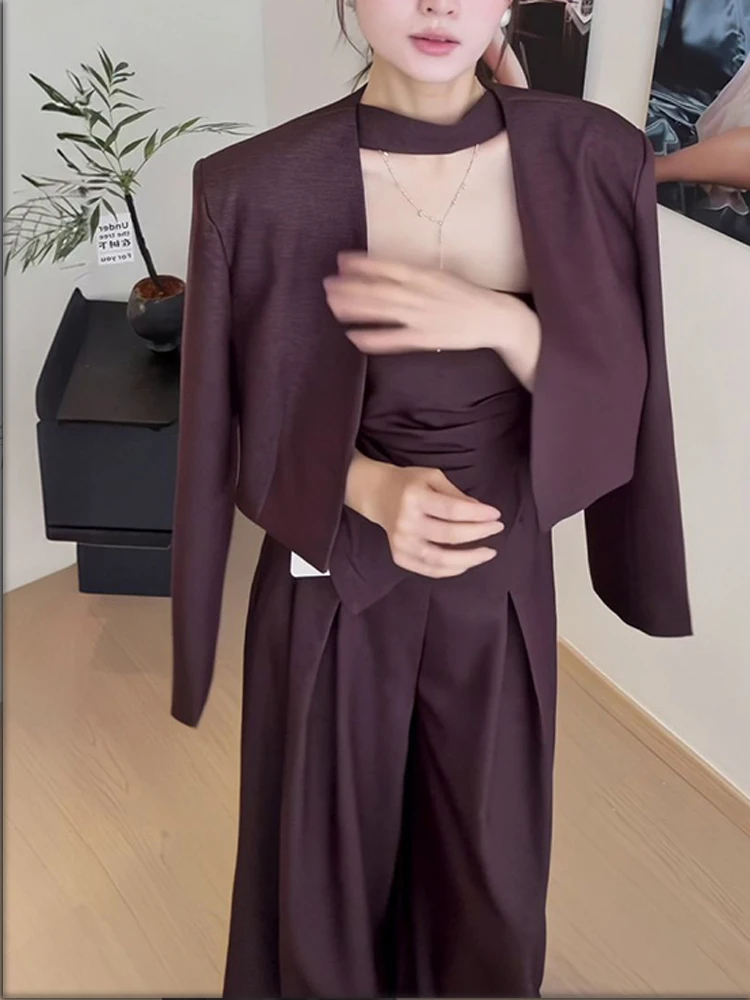 Korean style atmosphere early autumn small fragrant style short suit jacket+tube top+wide leg pants three piece set