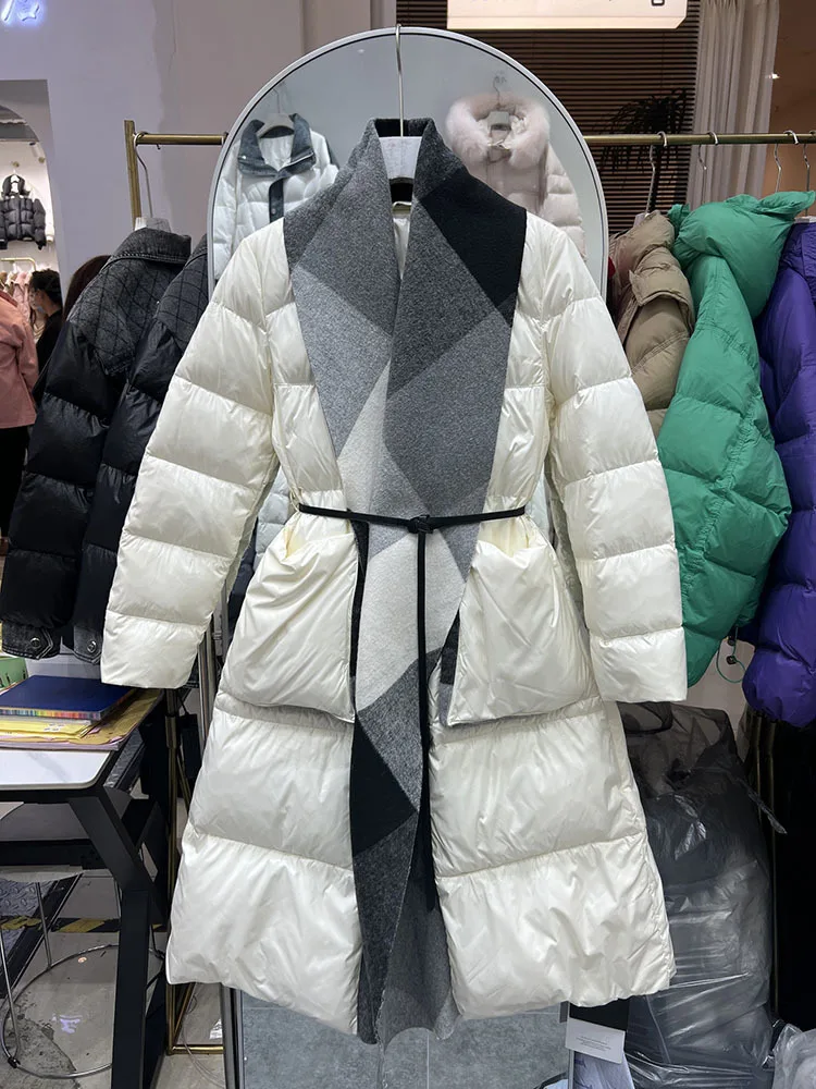 

Winter 2024 90% white duck Down Jacket female Plaid Wool Splicing Lace-up Coat Elegant Loose Oversized Parkas Windproof Outwear