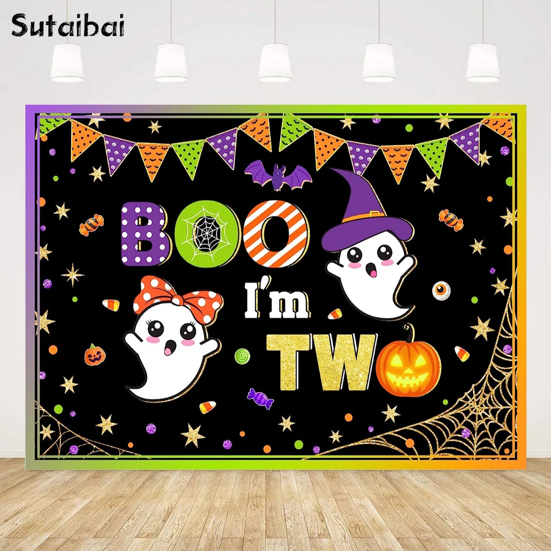 

Halloween Happy 2nd Birthday Party Backdrop for Boys Girls Kids Hallowmas Little Boo I'm Two Theme Bday Decoration Banner