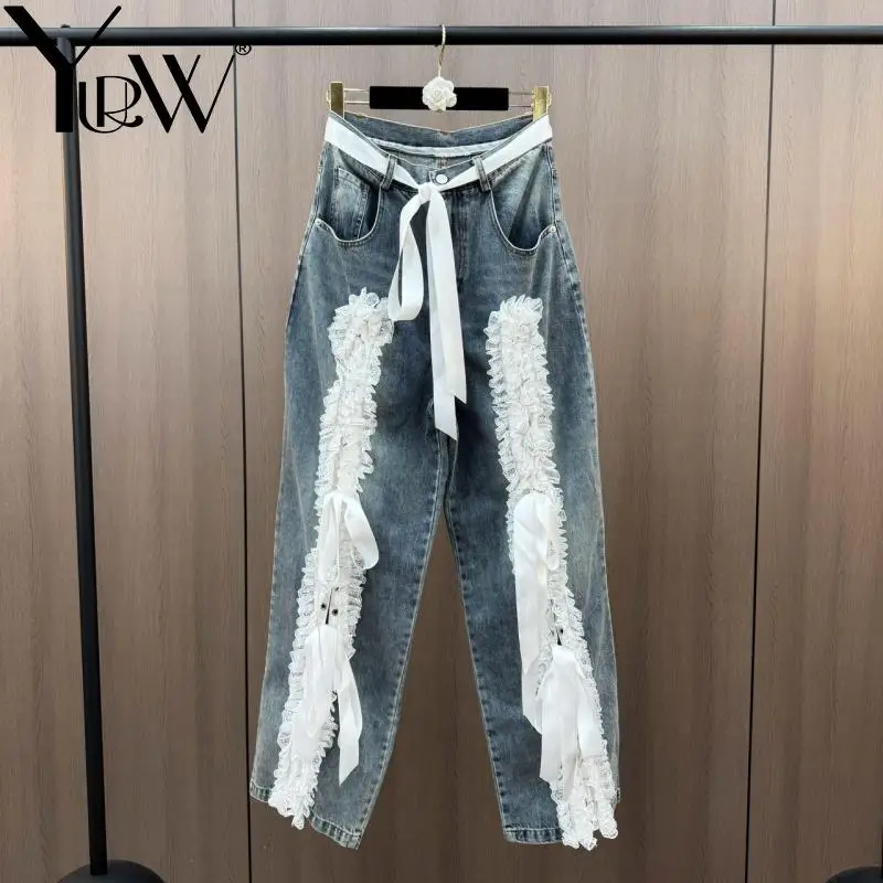 YUERWANG Women Jeans 2025 Spring Color Matching Lace Stitched Straight Jeans Fashion All Match Loose Casual Long Denim Trousers