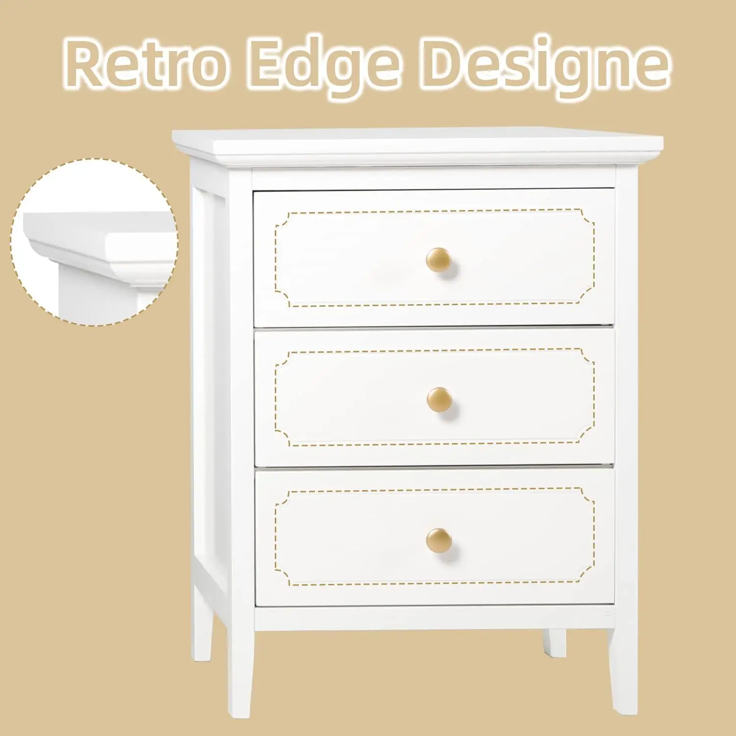 3 Drawer White Nightstand Wooden Large Night Stands with Gold Handle 19 Inch Modern Bedside Table for Bedrooms