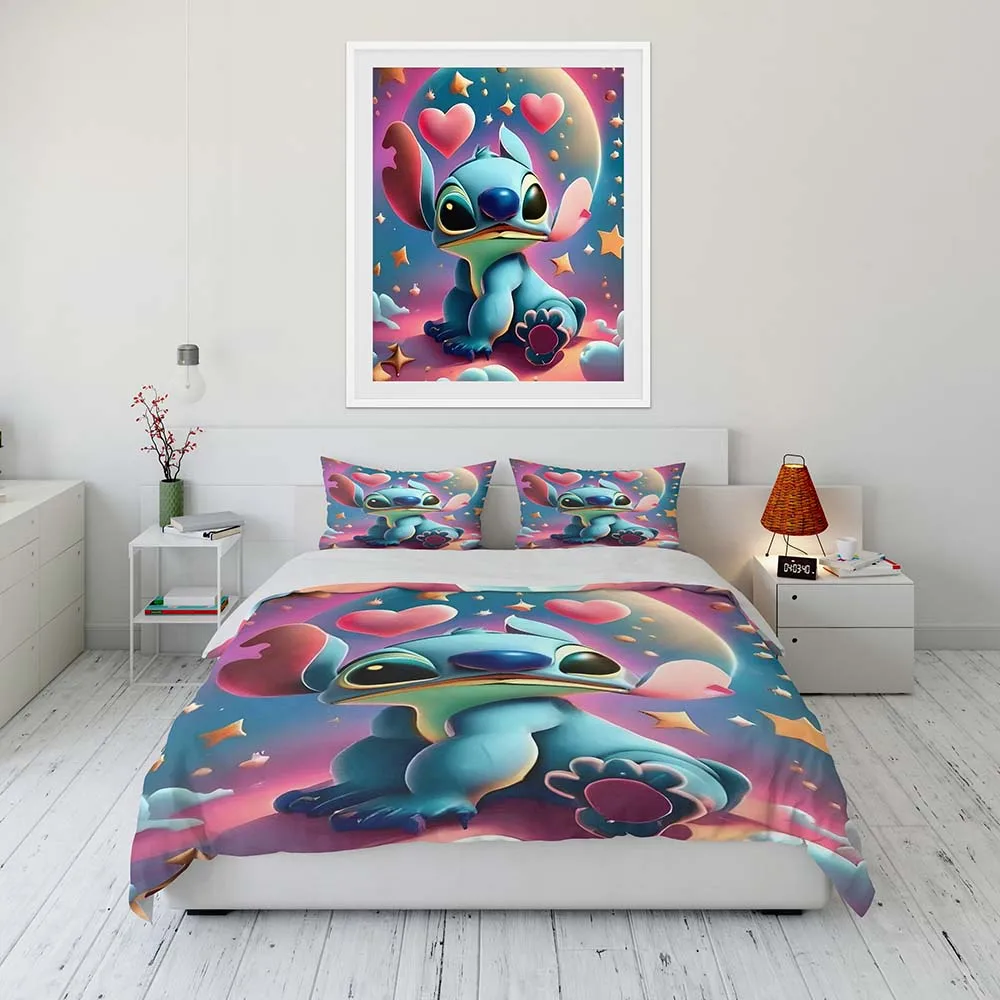 Juego de cama de dibujos animados de Disney Stitch y Lilo para niños, Sábana plana individual, doble, tamaño King, funda nórdica, funda de almohada,