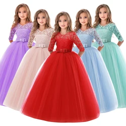 Teen Girl Elegant Princess Lace Wedding Dress Bridesmaid Kids Flower Dresses For Girls Vintage Children Christmas Party Red Gown