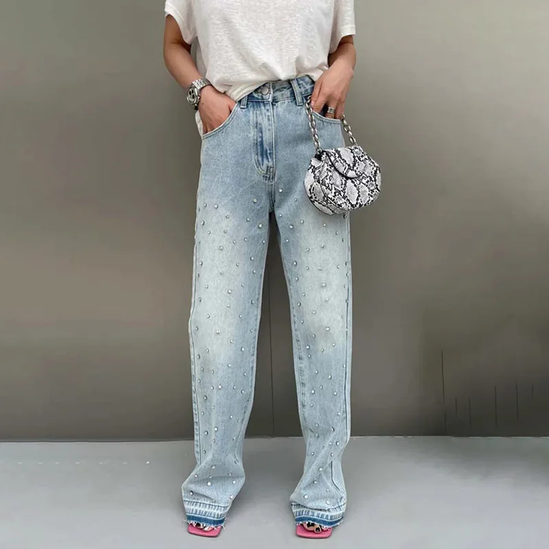 

Heavy Work Nail Beads Vintage Straight Jeans Women Mid Waist Fashion Casual Loose Wide Leg Denim Pants s761