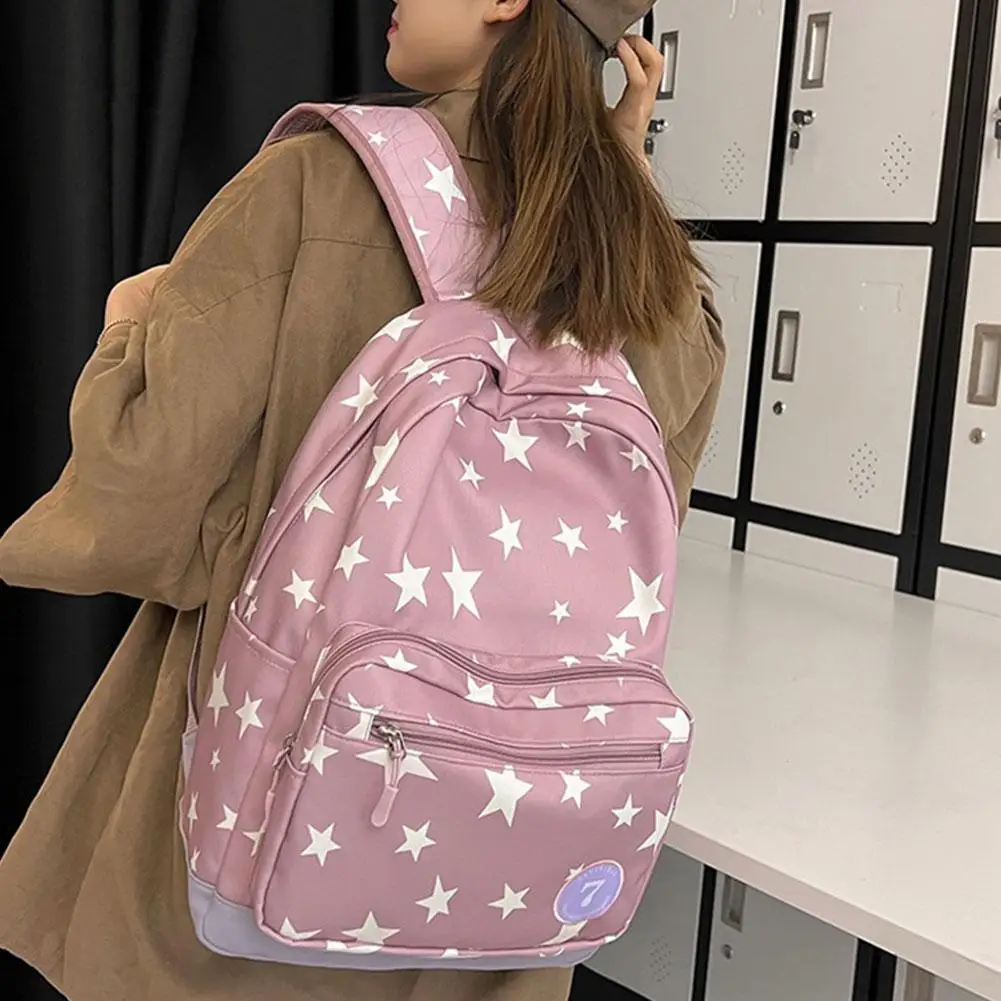 Mochila lisa con estampado de estrellas blancas para mujer, mochila grande de nailon, informal, a la moda, para viaje y regreso a la escuela