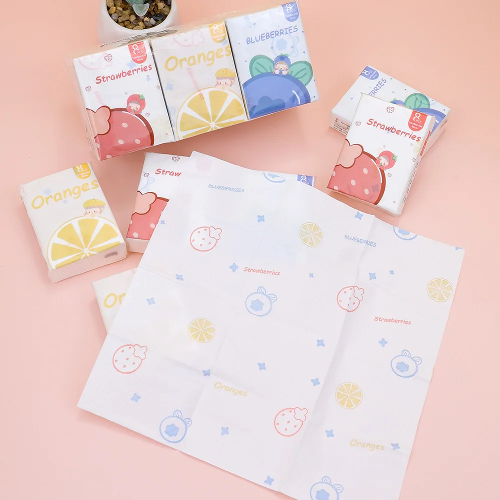 9 unids/pack flor y fruta Mini pañuelo de papel estudiante portátil bolsillo tejido dibujos animados impreso papel higiénico para limpieza diaria