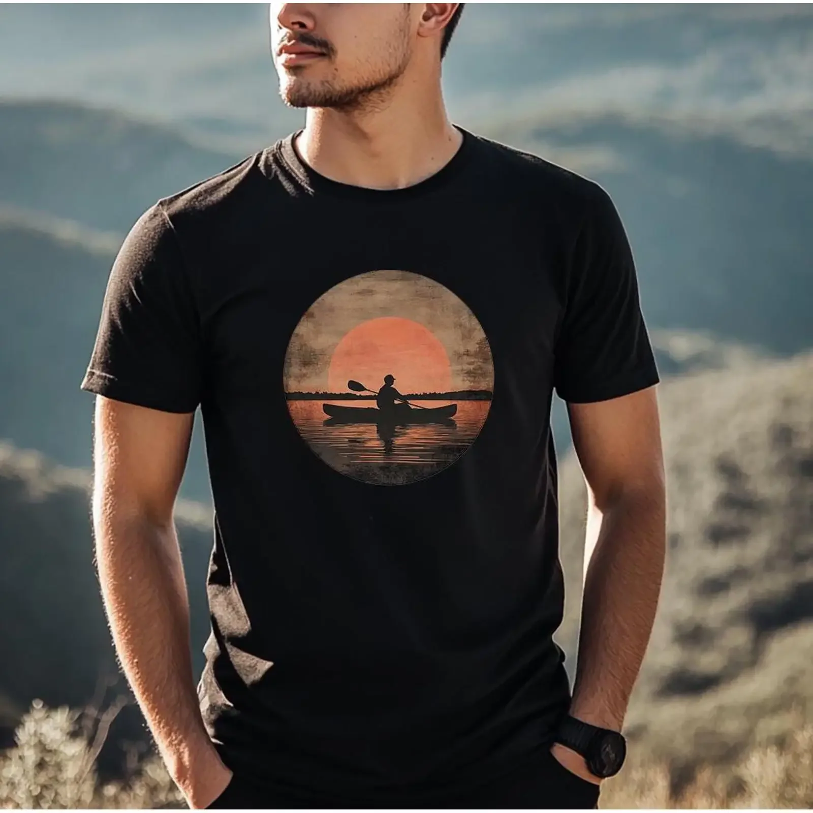 Men's Vintage Sunset Kayaking T Shirt Outdoor Adventure Paddling Casual for Kayaker Water Sports Fans vintage Washed graphic
