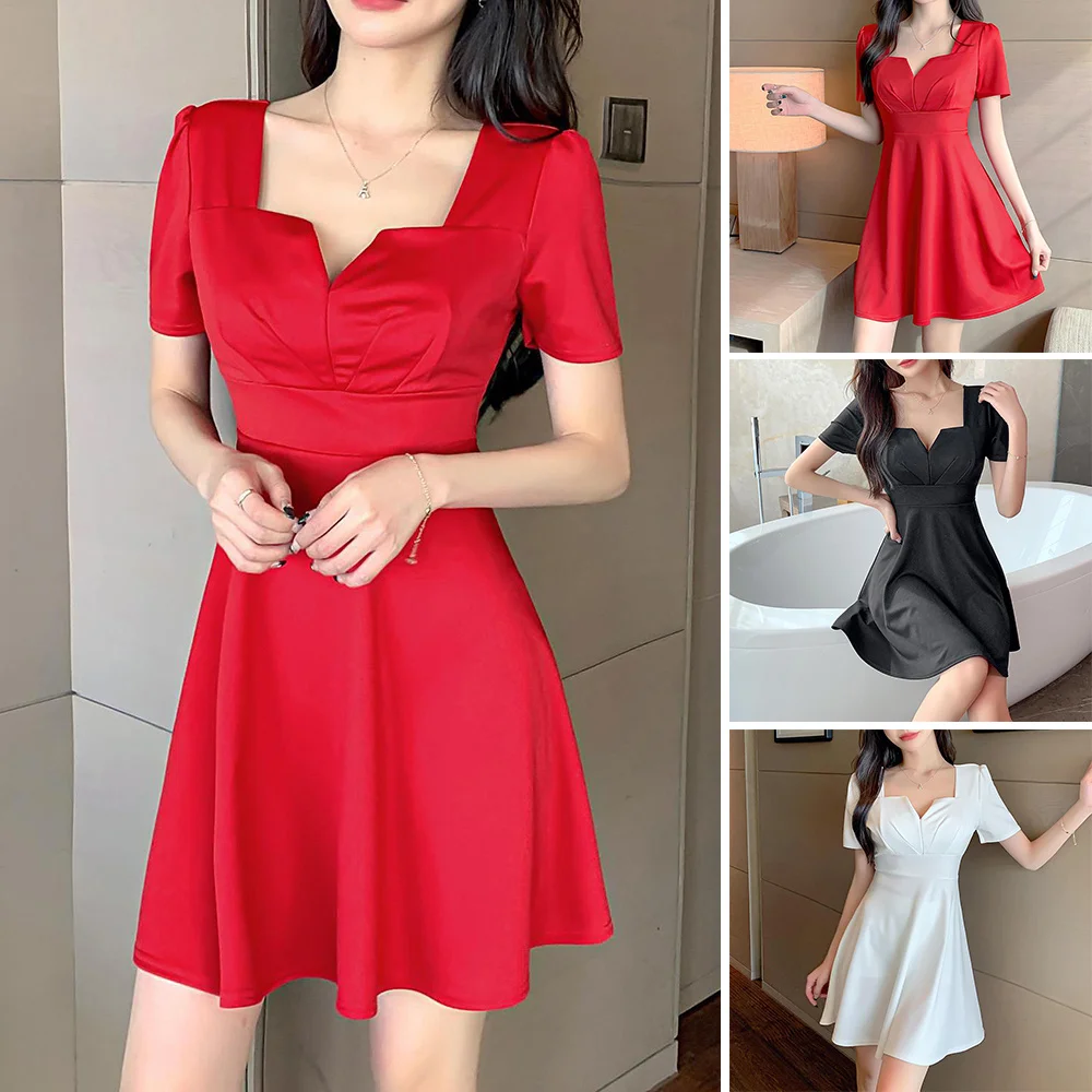 

Women's Summer Dress Square and V Neck Short Sleeve High Waist Formal Dress Office Dress Slim Waist S-2XL Solid Color FS99