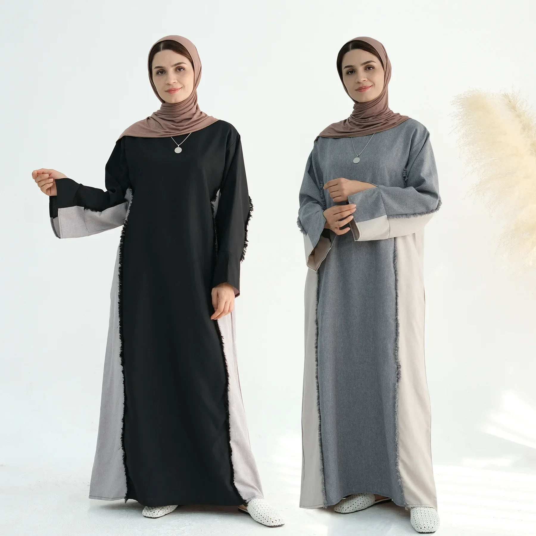 ปิด Abaya Two Tone Frayed มุสลิม Hijab ชุด Patchwork Abayas สําหรับผู้หญิงดูไบหรูหราตุรกีอิสลามเสื้อผ้า Kaftan Robe Ramadan