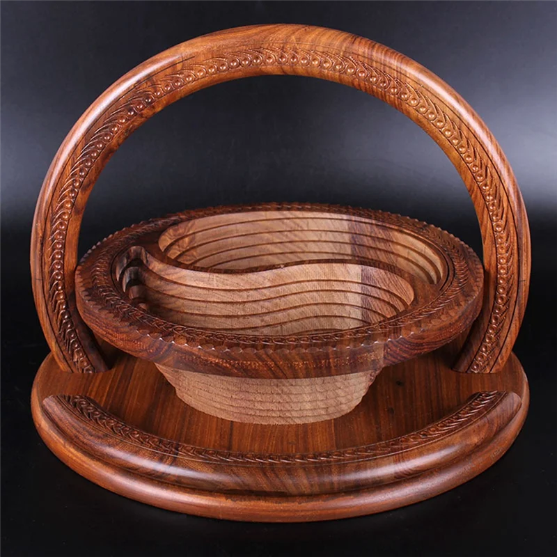 

HGHO Handmade Wood Carving Fruit Plate Wooden Fruit Basket Foldable Dried Fruit Basket Collapsible Bread Nuts Baskets