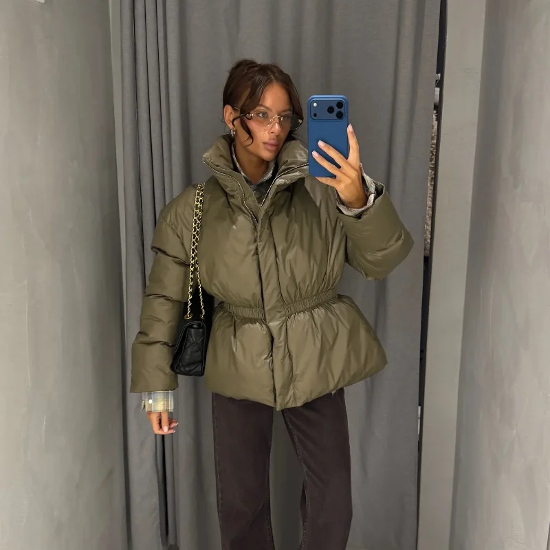 Fashion Glossy Padded Jackets Women's Drawstring Zipper Stand Collar Thicken Coats 2026 New Ladies Winter Solid Color Outwear