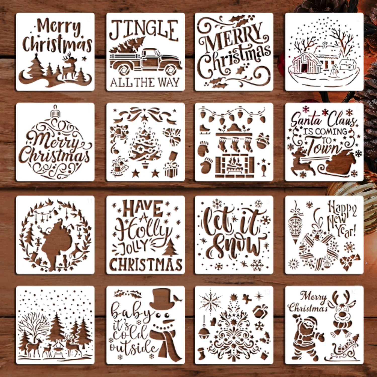 Christmas Holiday Decor Stencils, Hollow Molds with Texts&Patterns for DIY Drawing Card Making Tracing Graffiti Xmas Paper Craft