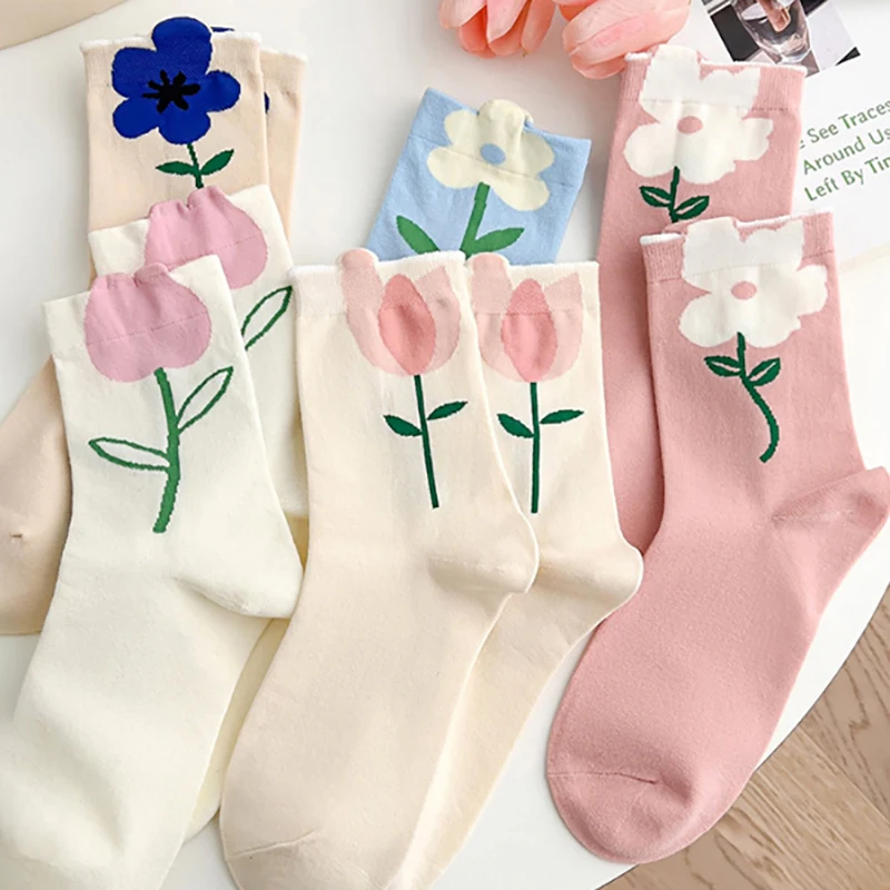 1 Paar Frauen Socken Cartoon Blume Süßigkeiten Farbe Harajuku atmungsaktives Design koreanischen Stil japanische bequeme Socken Tulpe