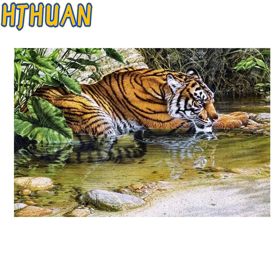 

Full Square Round Diamond Painting New Arrival Tiger Drink Water Handmade Gift Beaded diamond Embroidery Animal Home Decor