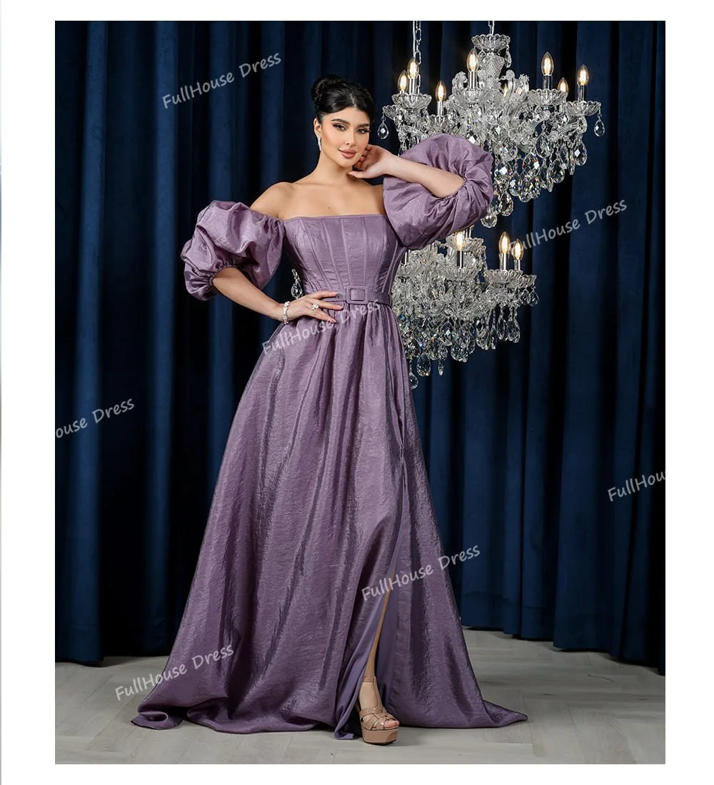 Custom Made Bridal Boat Collar Pleated A-line Side Slit Belt Evening Dress Short Puff Sleeve Backless Party Dress with Train