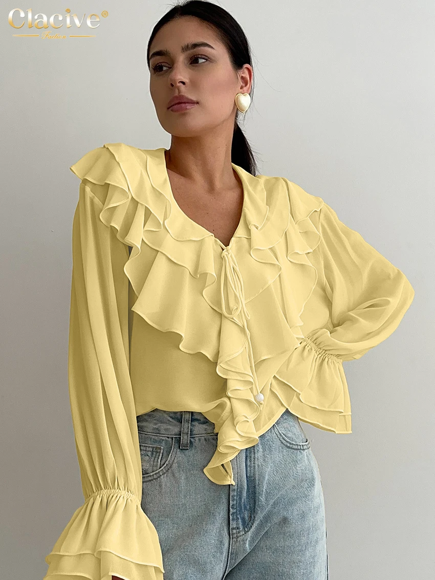 Clacive Fashion Loose White Women's Shirt 2025 Sexy V-Neck Long Sleeve Shirts Lady Elegant Classic Ruffle Top Female Clothing