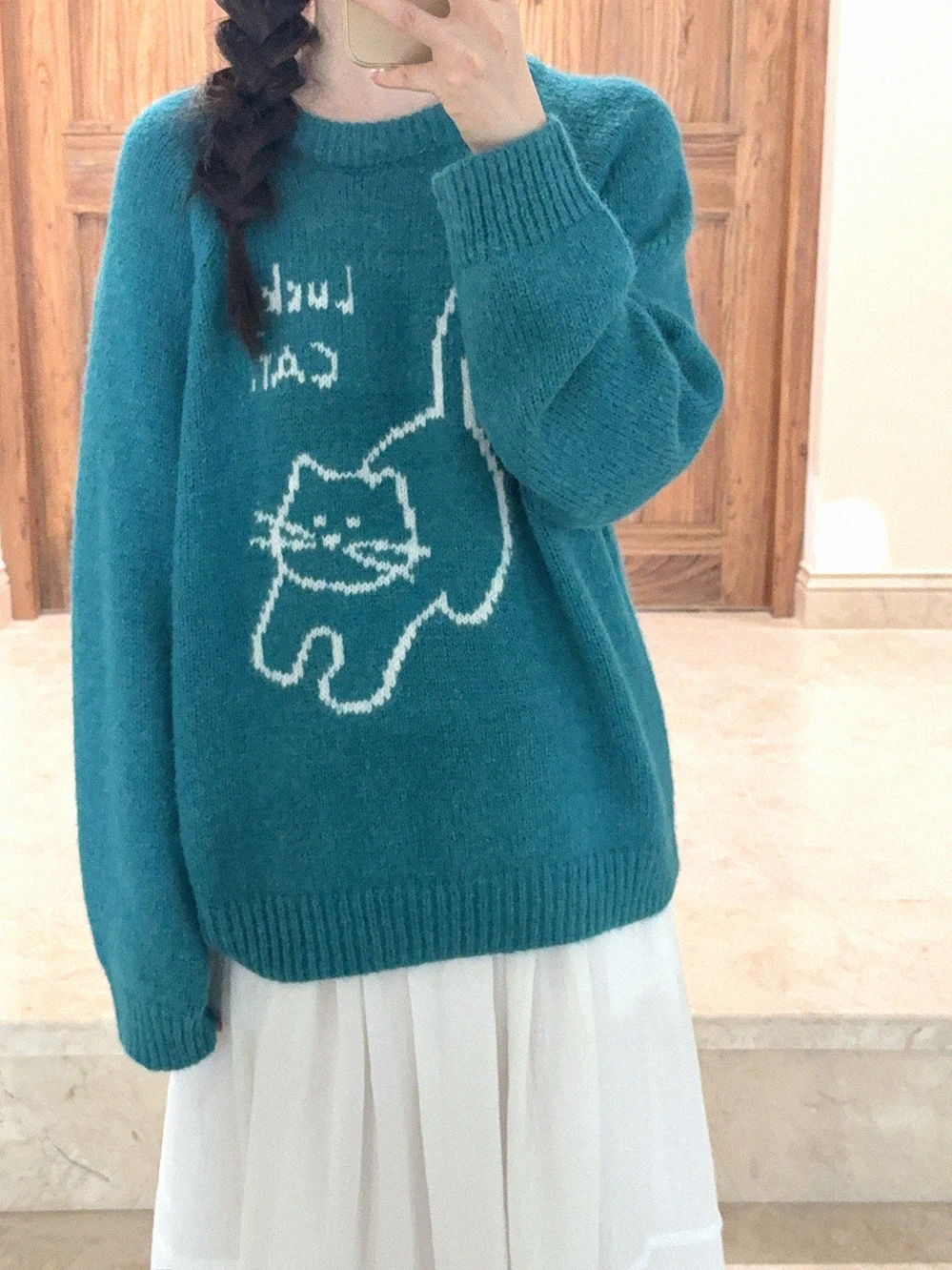 Thiened Blue een  oulder Sve Knitted Woolen Sweater Women's Faion Autumn Winter Warm Long Sve round Ne Swe...