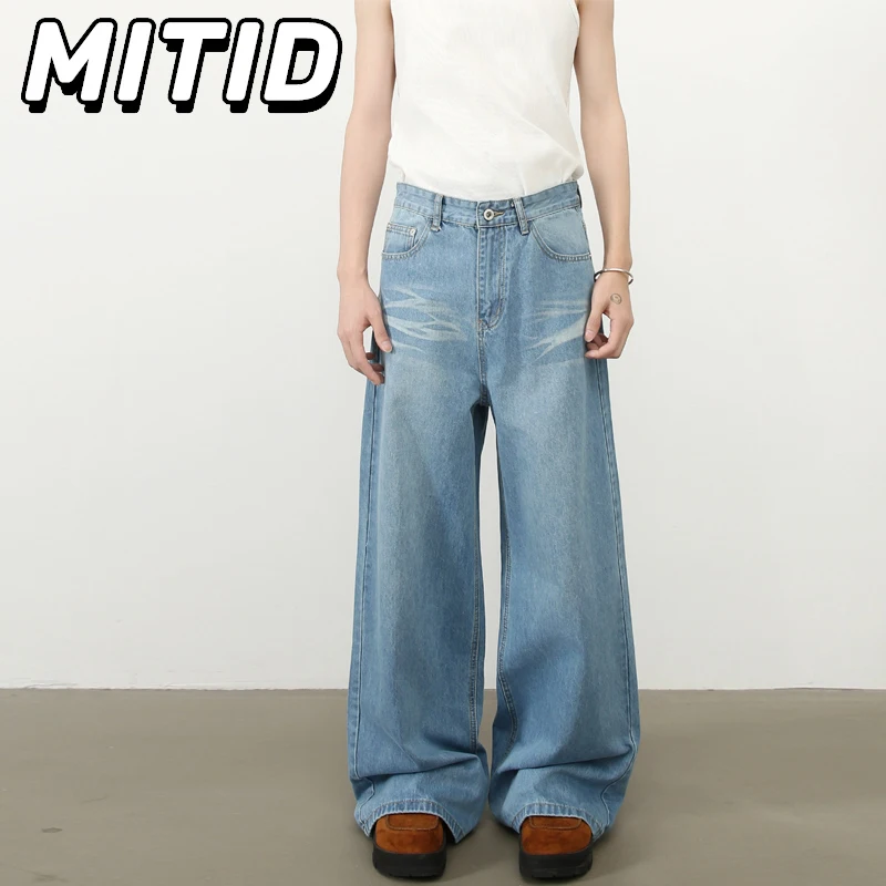 

Mens Jeans American Vintage Washed Distress Blue Baggy Straight Jeans Y2k Streetwear Man Summer New Casual Full Length Trousers