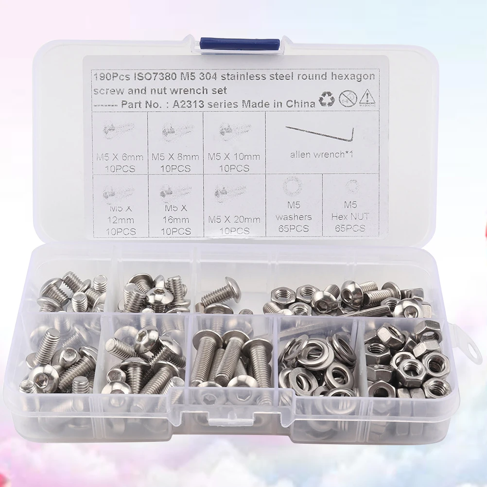 

190pcs Stainless Steel Screws Nuts M5 Socket Head Assortment Set Strong Anti-Corrosion Thread Design For Wood Electronics
