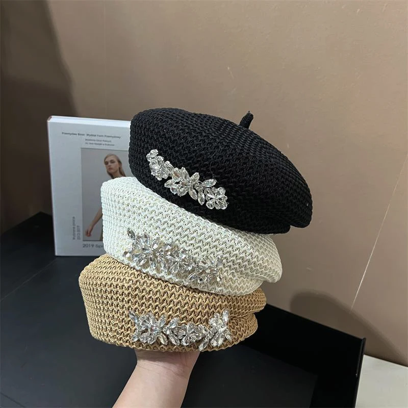 Women New Fashion Octagonal Cap Rhinestones Decorate French Fixed Painter Big Breathable Beret Hat
