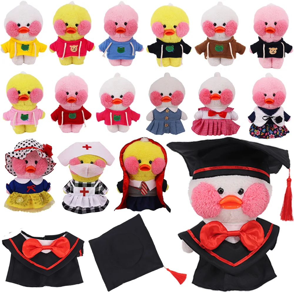 

30Cm Lalafanfan Yellow Duck Plush Animal Clothes Graduation Uniform Skirt Kawaii Cute Hoodie Sweater Bag Glasses Children Gifts