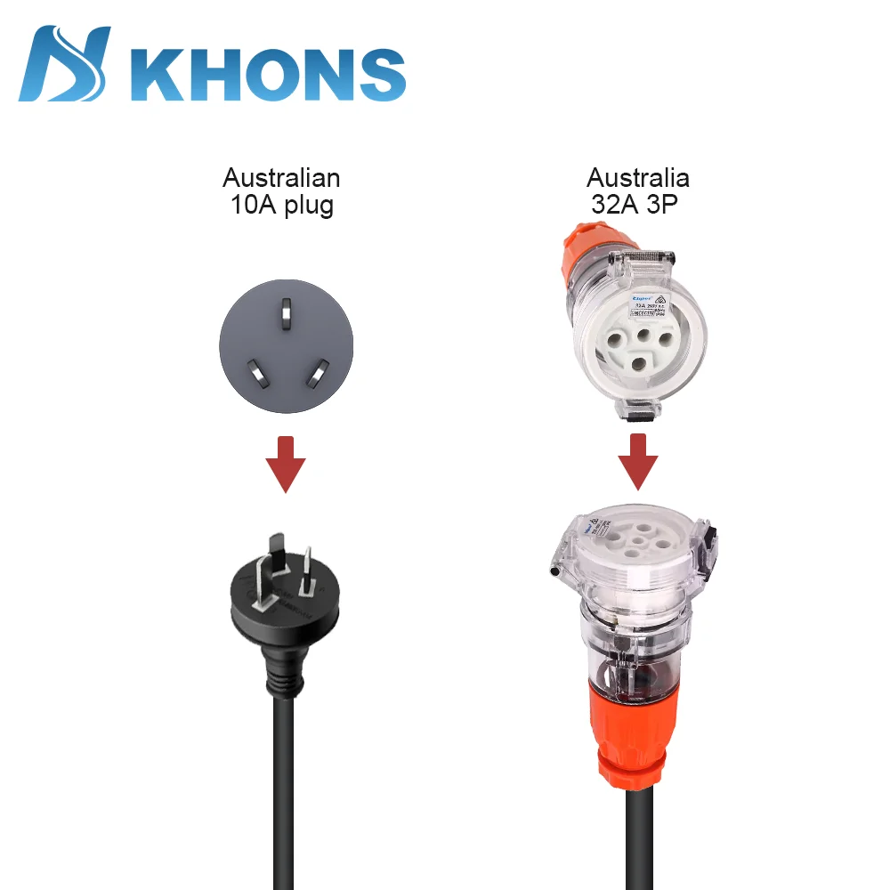 Khons Electric Vehicle Charger Australian 32A 3-phase Female To 15A Male Adapter 32A To 10A Electric Vehicle Charger Connector