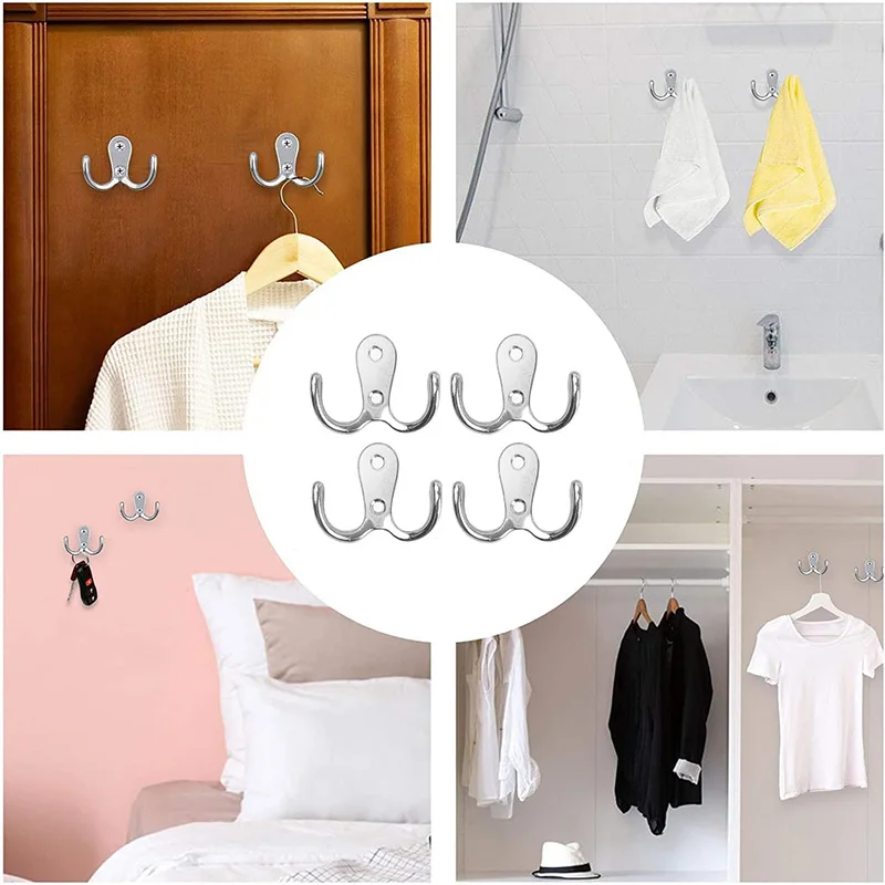 2/4/6Pcs Double Coat Hooks Metal Wall-Mounted Coat Hooks with Screws Double Prong Wall Mounted Hooks Set for Bathroom Kitchen