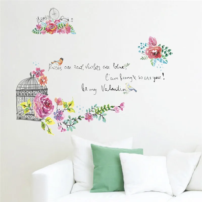 Rose Flowers Bird Cage Wall Stickers For Girls Room Bedroom Decoration Mural Art Diy Pvc Home Decal