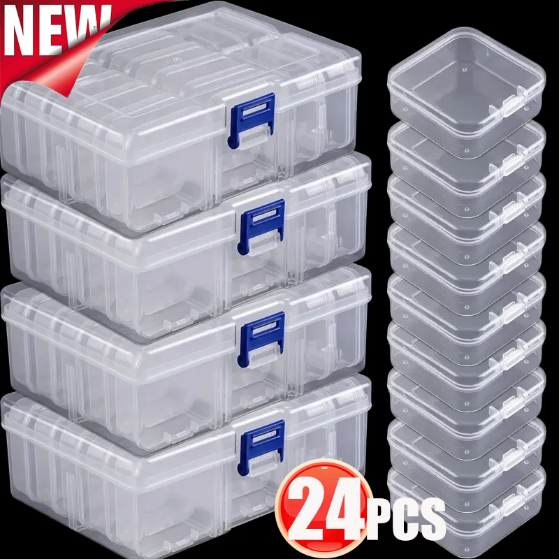 24Pcs Mini Square Storage Box Transparent Plastic Flip Cover Small Case Pill Jewels Dustproof Storage Pack Boxes Wholesale