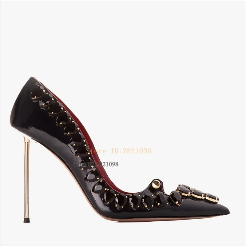 Metallic Black Shiny Diamante High Heel Pumps Thin Heeled Shoes Slip On Gem Pointed Toe Stilettos Women Party Shoes