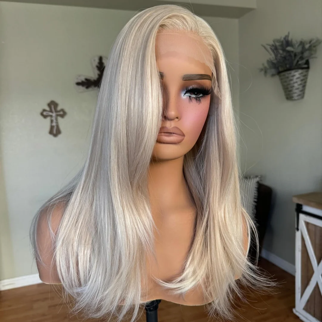 

Длинные прямые многослойные кружевные парики с боковой частью, платиновый блондин, бесклеевой парик, реалистичный и натуральный для женщин, ежедневное использование