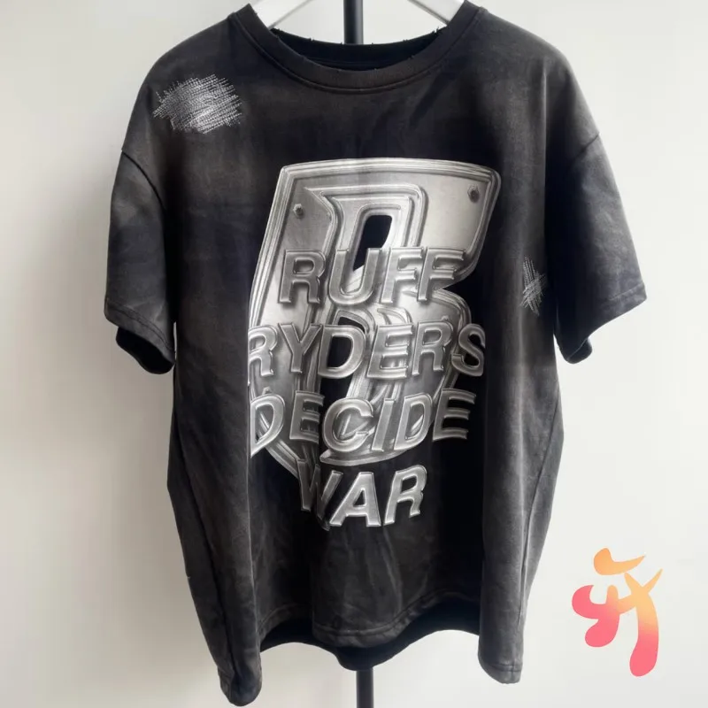 Stock Cotton Vinatge Washed Who Decides War Tshirts Patch Print Letter Logo Round Neck Short Sleeve Casual Street Men Women Tops