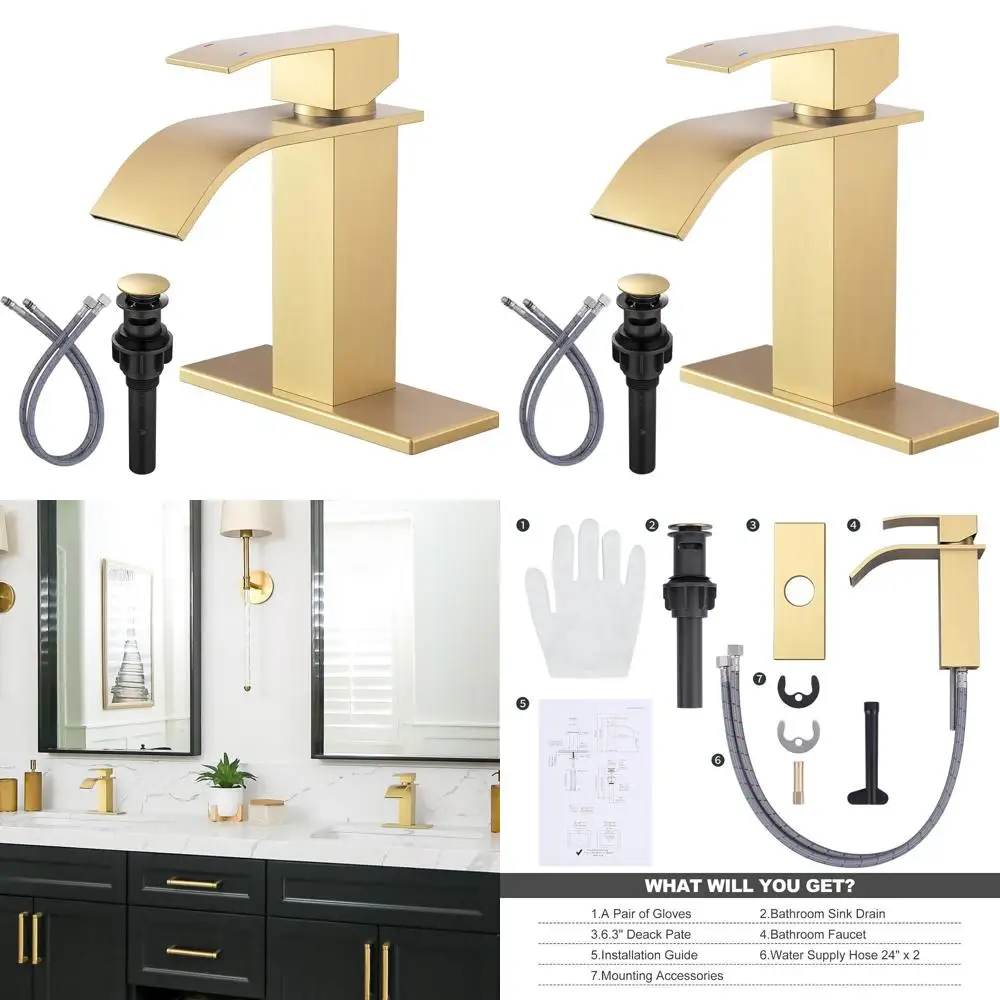 

Single Handle Brushed Gold Bathroom Sink Mixer Tap with Pop-Up Drain and Deck Plate, 1 or 3 Hole Options