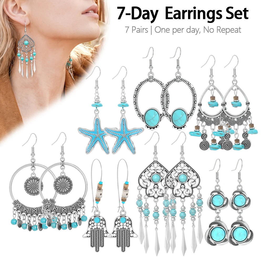The same earring set for seven days in an exotic land Artificial turquoise geometric hollow tassel holiday style earring set