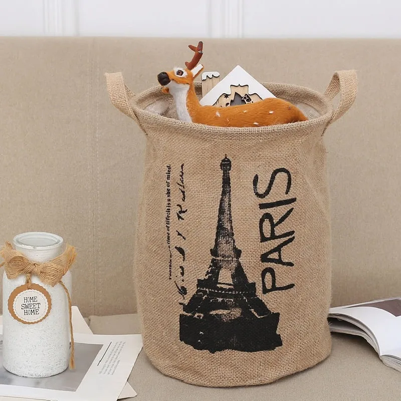 Natural Jute Storage Bucket Crown Tower Letters Foldable Portable Clothing Children's Toys Storage Bedroom Living Room Finishing