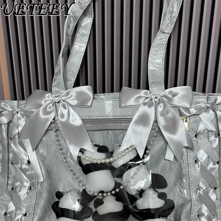 Japanese Style Sweet Girl Versatile Ribbon Bow Cute Handbag Outings Travel Shopping Large Capacity Makeup Bag Shoulder Bags