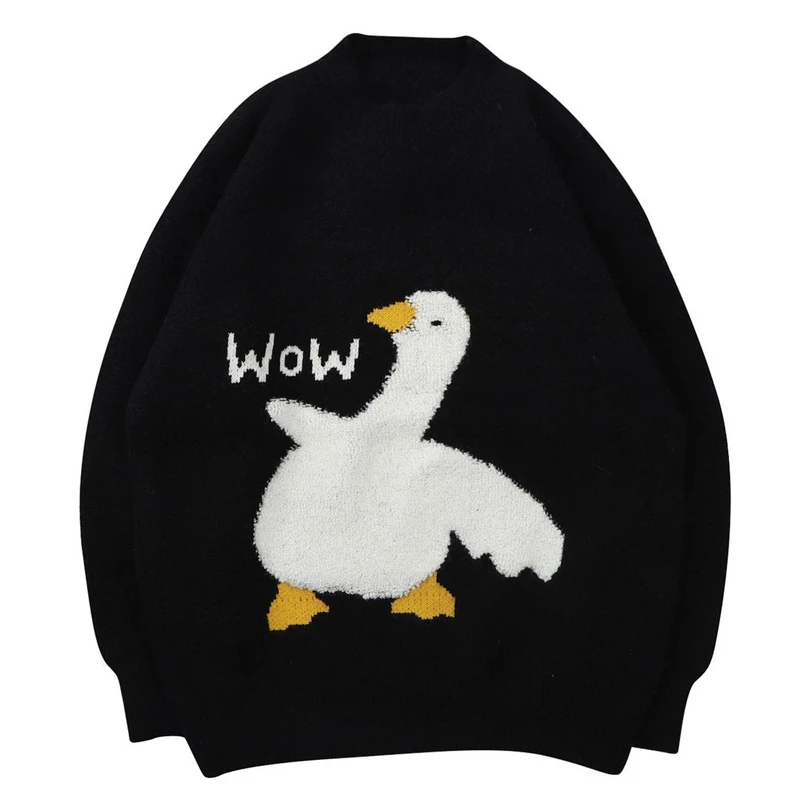 Hip Hop Harajuku Knitted Sweater Men 2021 Autumn Cartoon Duck Wow Print Sweater Oversize Streetwear Loose Pullover Men Clothing