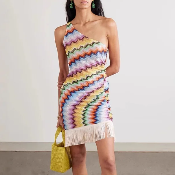 

Fashion Print Sexy Slim Sleeveless Short Dresses Women Tassel Patchwork Package Hip Slant Collar Party Dress Hot Girl Vestidos