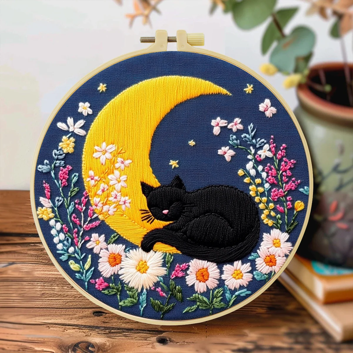 1 Stück 20X20CM/15X15CM 7,87/6,3 Zoll Der Mond und die schwarze Katze Stickerei-Starter-Kit DIY-Set Nadelkunst Heimdekoration – Detail 3