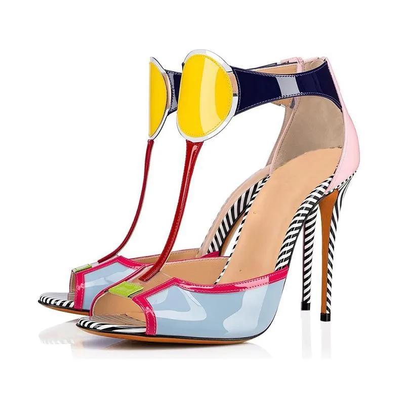 

Туфли-лодочки в полоску Tacones, разноцветные сандалии на шпильке, женская обувь из лакированной кожи с открытым носком на тонком каблуке, Sandalias De Mujer Design