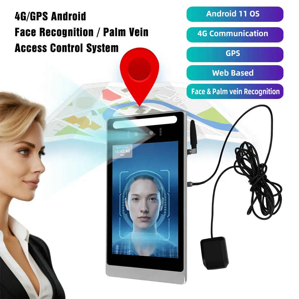 4G GPS WiFi Enabled Android 8 Inch Face Palm Vein Recognition Time Attendance Access Control Reader