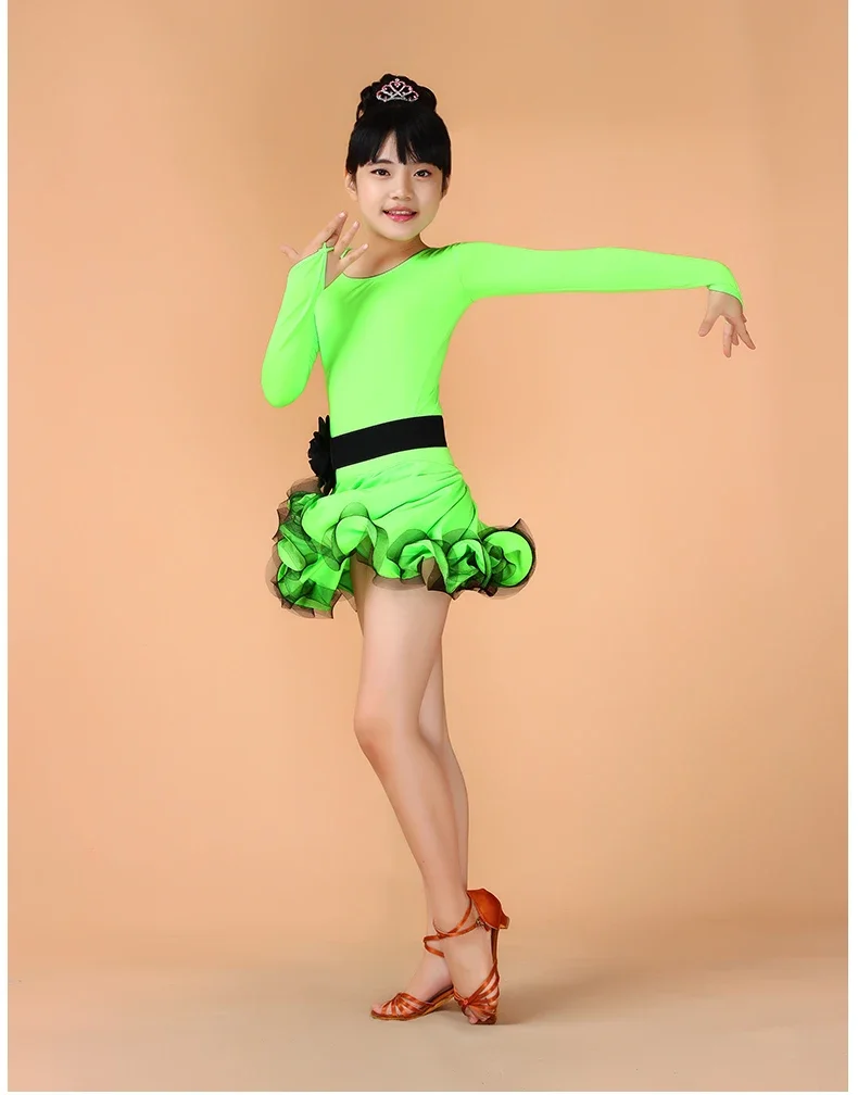 Children Spandex Rohdo latin dance dress Kids stage Dancing Clothes  Ballroom Rumba Salsa Latin Competition Costumes For Girls