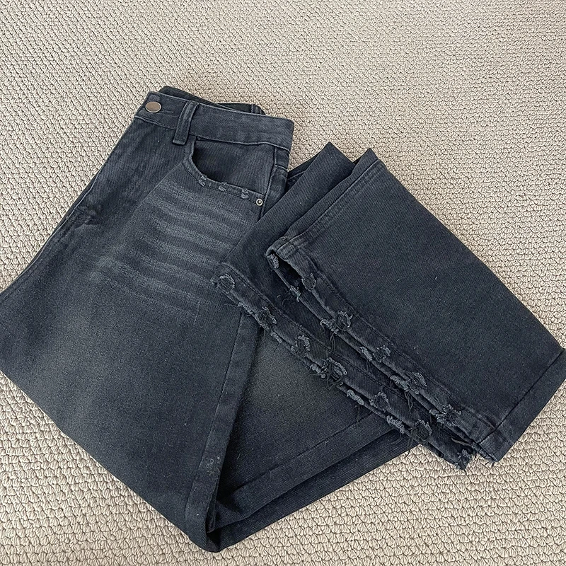 

Прямые джинсовые брюки с рваными дырками в стиле ретро, женские модные свободные джинсы с карманами и вышивкой, осень 202, женские повседневные брюки