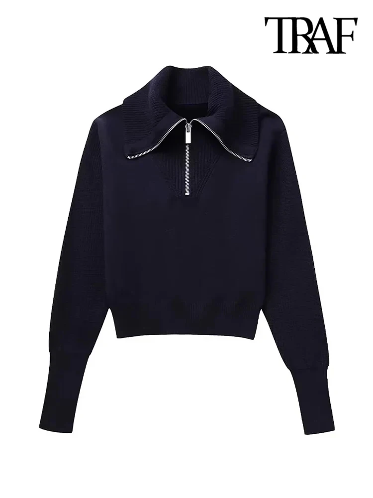 TRAF Women Fashion With Zipper Knit Sweater Vintage High Neck Long Sleeve Female Pullovers Chic Tops