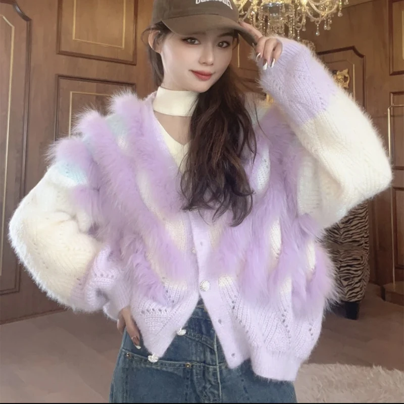 

Women Spring Purple Thin Real Fox Fur Oversize Loose Lady's Fashion Colorful Thin Sweater Coat