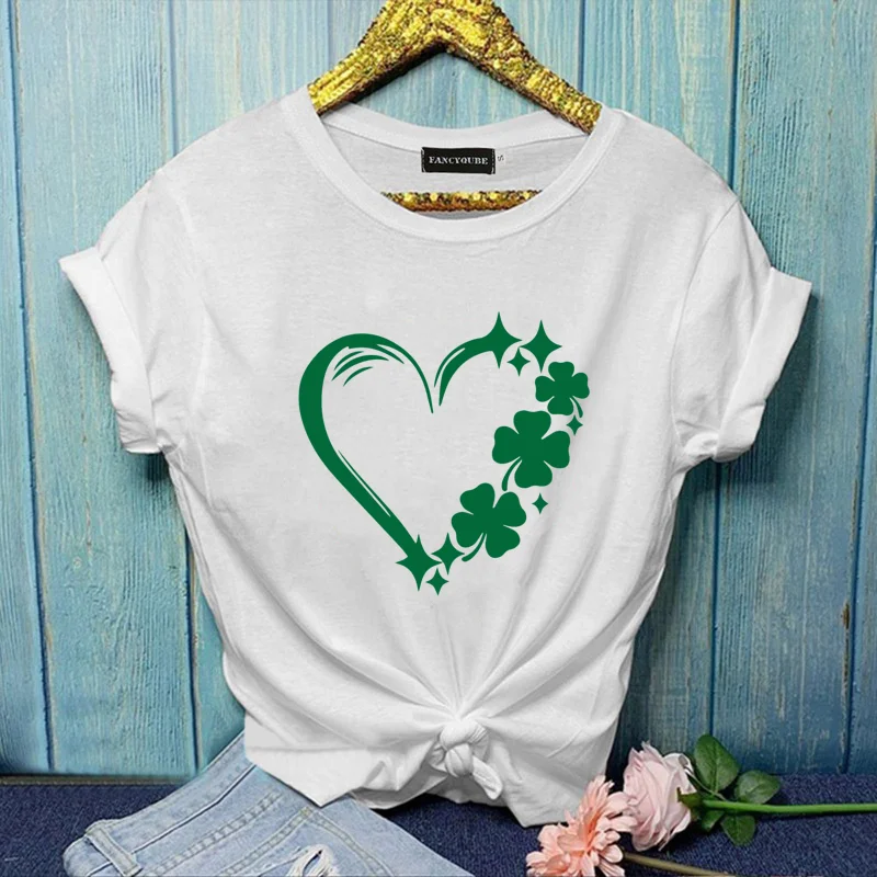 New Women's Heart St. Patrick's Day Four Leaf Clover Printed T-Shirt Women's Fashion Outdoor St. Patrick's Day Casual Shirt Top