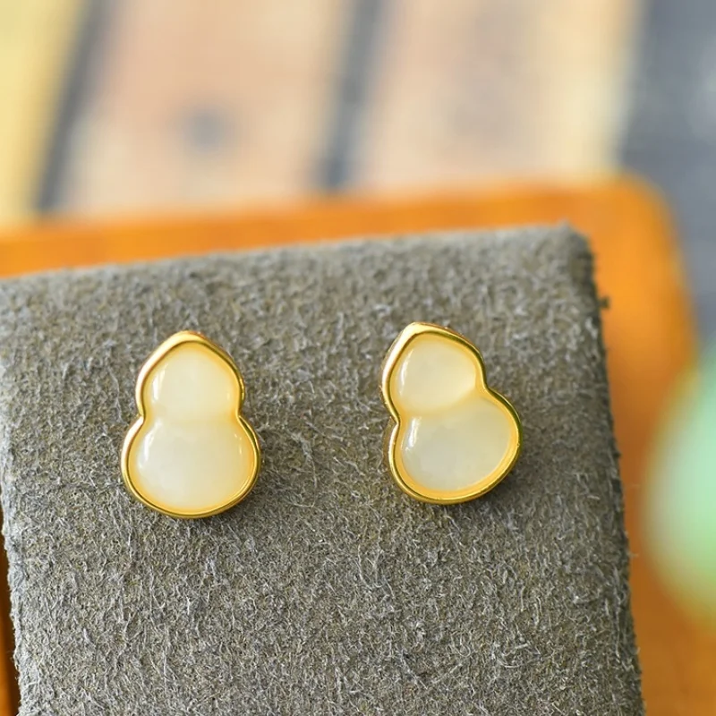 SGARIT Authentic Jadeite Hetian White Jade S925 Silver Inlay 8*11mm Gourd Hulu Stud Earrings Fine Jade Texture Fashion Versatile